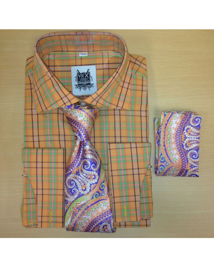 Men's Fashion Tiger Orange Multi Checked Dress Shirt and Custom Tie/Hanky