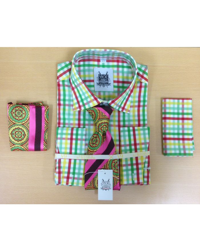 Men's Fashion Mint/Cherry/White Tri-Mix Dress Shirt and Custom Tie and 2 Hankies