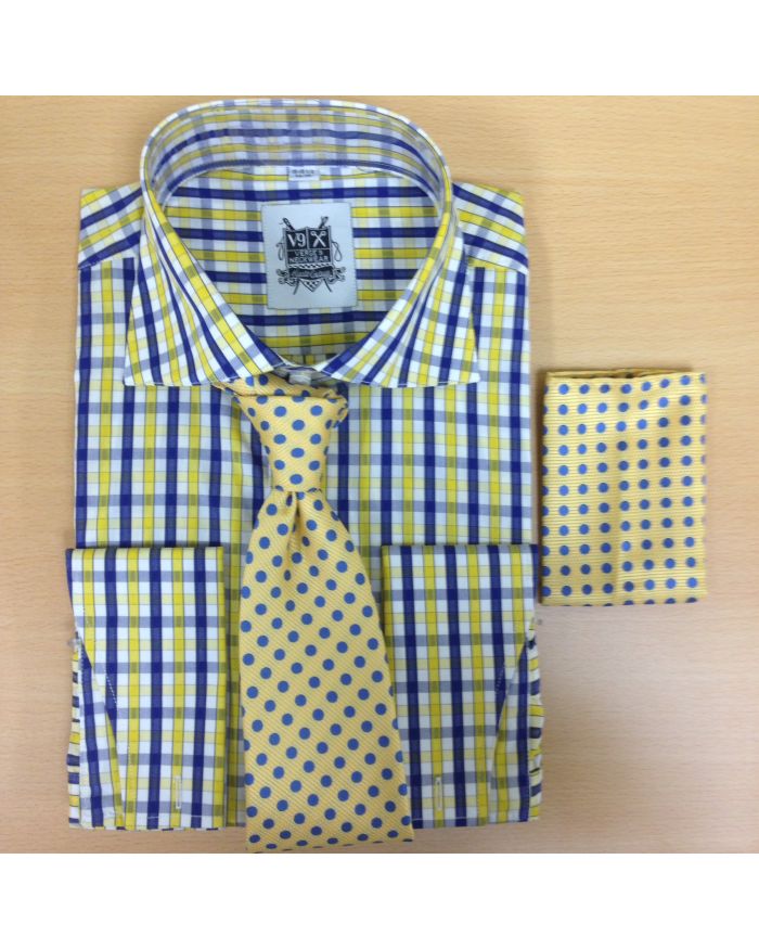 Men's Fashion Royal Blue/Yellow Checked Dress Shirt and Custom Tie/Hanky