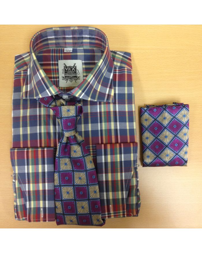 Men's Fashion Red and Navy Madras Checked Dress Shirt and Custom Tie/Hanky
