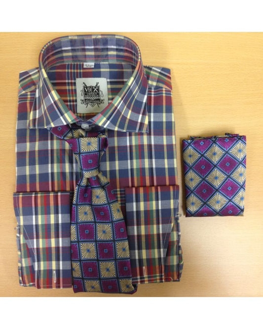 Men's Fashion Red and Navy Madras Checked Dress Shirt and Custom Tie/Hanky
