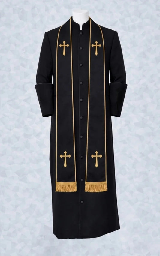 141 M. Men's Clergy Robe Black with Black/Gold Border Stole
