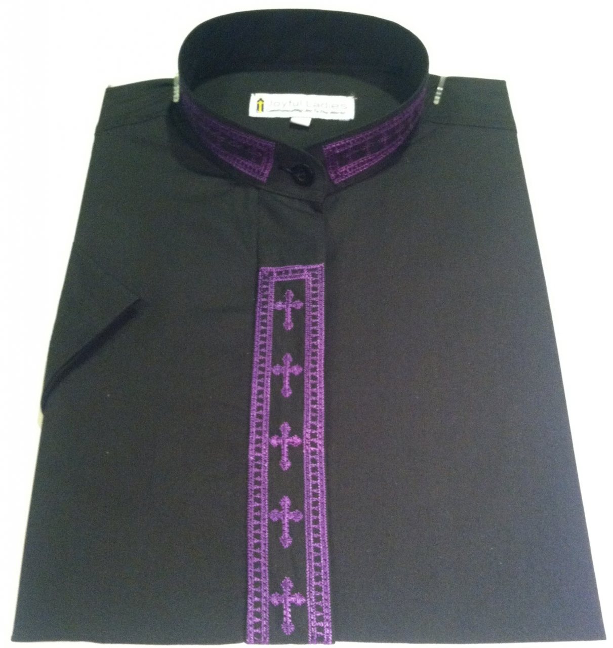 Men's Short-Sleeve Clergy Shirt With Fine Embroidery - Black/Purple