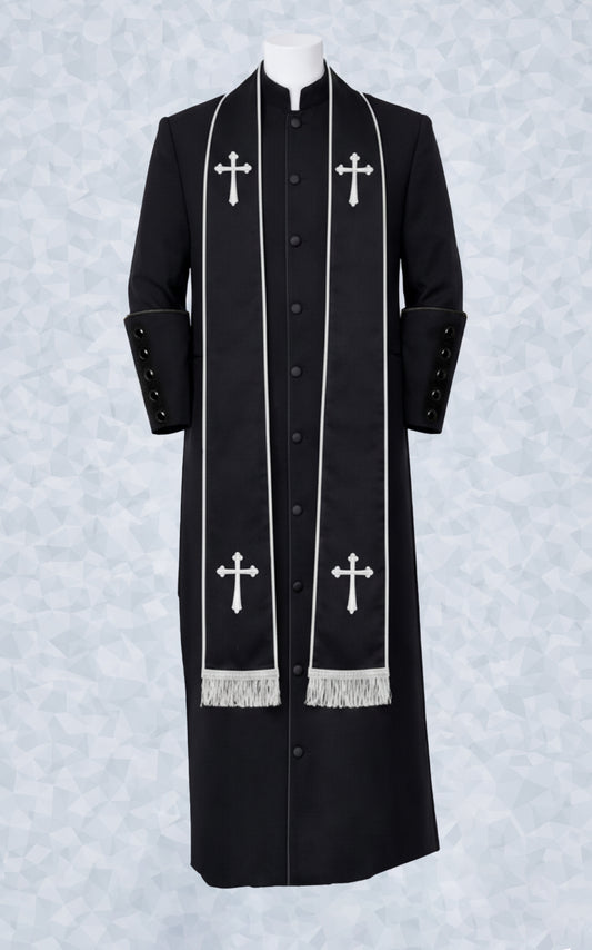 140 M. Men's Clergy Robe Black with Black/White Border Stole