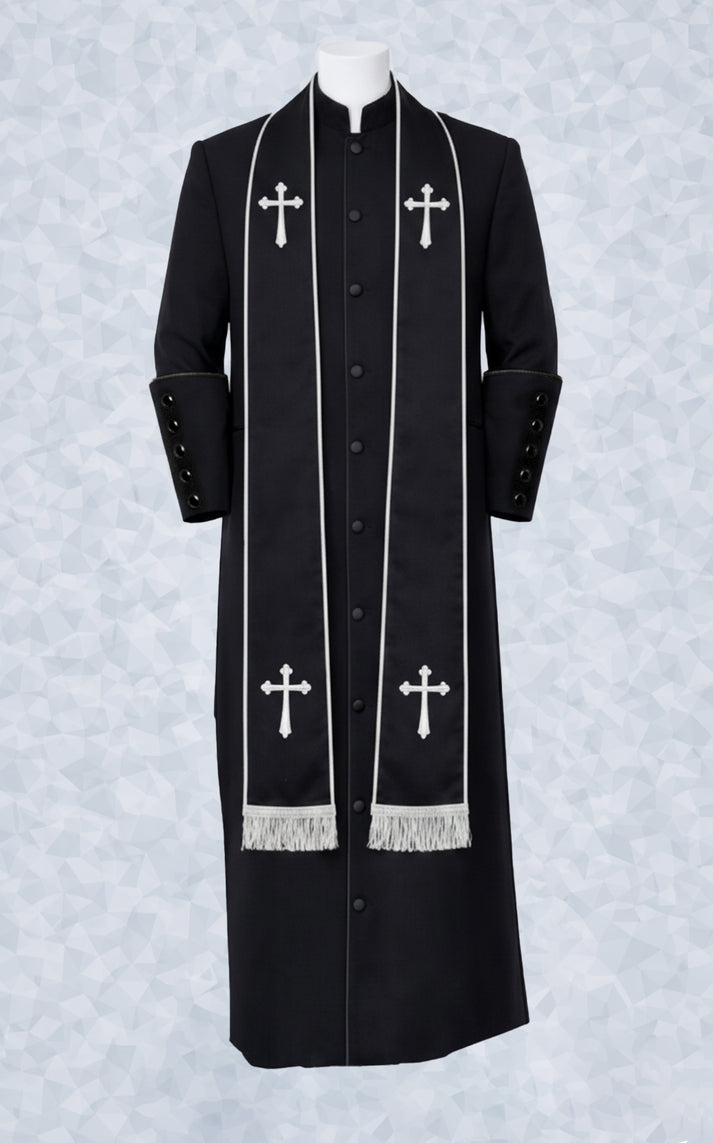Men’s Black Pastor Robe with White Trim and Matching Buttons – Suit Avenue
