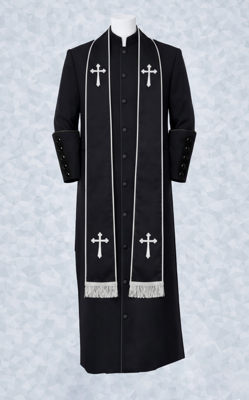 Men’s Black Pastor Robe with White Trim and Matching Buttons – Suit Avenue