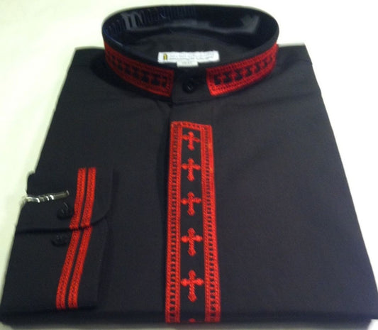 307. Men's Long-Sleeve Clergy Shirt With Fine Embroidery - Black/Red