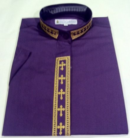 Women's Short-Sleeve Clergy Shirt With Fine Embroidery - Purple/Gold