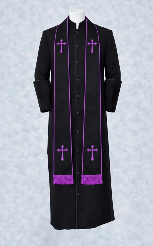 143 M. Men's Clergy Robe Black with Black/Purple Border Stole