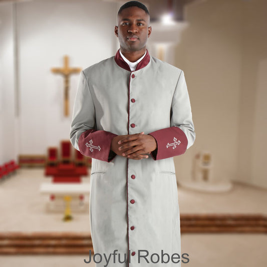 309 M. Men's Pastor/Clergy Robe - Grey/Maroon Cuff