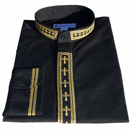 306. Men's Long-Sleeve Clergy Shirt With Fine Embroidery - Black/Gold