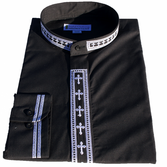 303. Men's Long-Sleeve Clergy Shirt With Fine Embroidery - Black/White