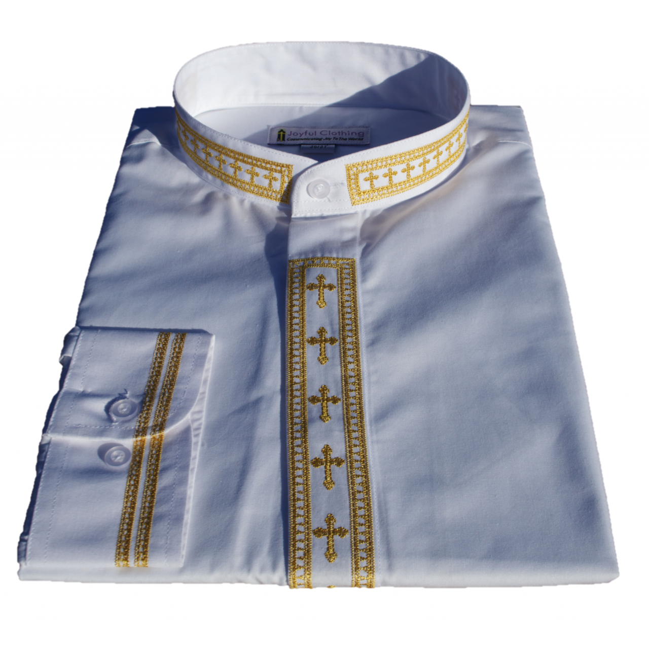 304. Men's Long-Sleeve Clergy Shirt With Fine Embroidery - White/Gold