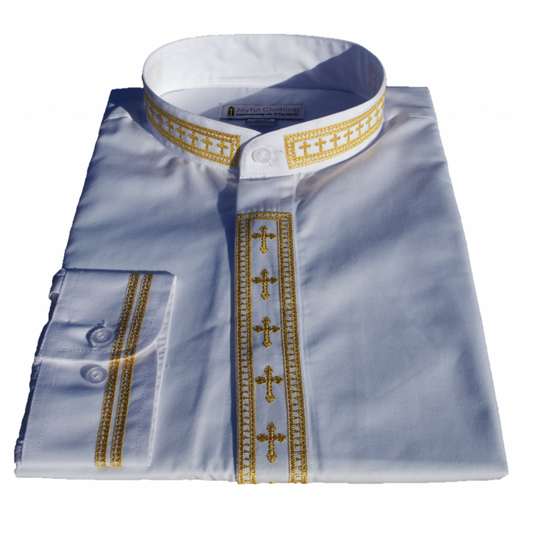 304. Men's Long-Sleeve Clergy Shirt With Fine Embroidery - White/Gold
