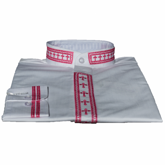 308. Men's Long-Sleeve Clergy Shirt With Fine Embroidery - White/Fuchsia