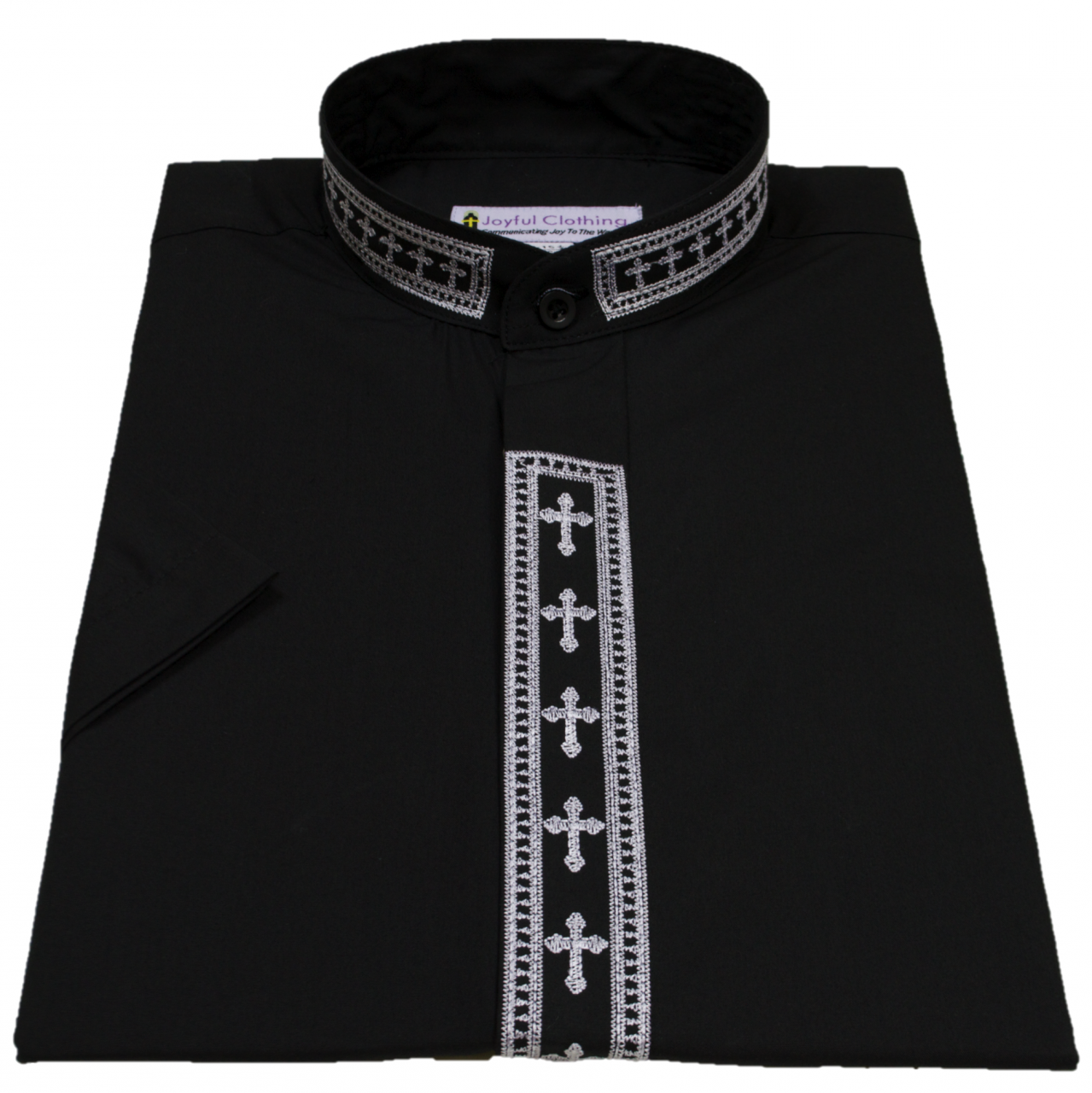 Men's Short-Sleeve Clergy Shirt With Fine Embroidery - Black/White