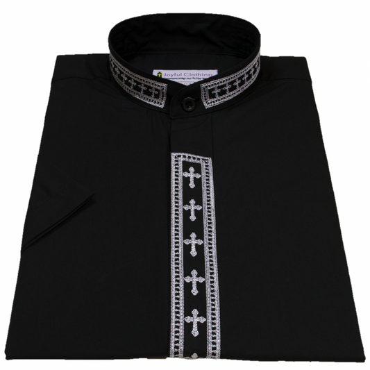 353. Men's Short-Sleeve Clergy Shirt With Fine Embroidery - Black/White