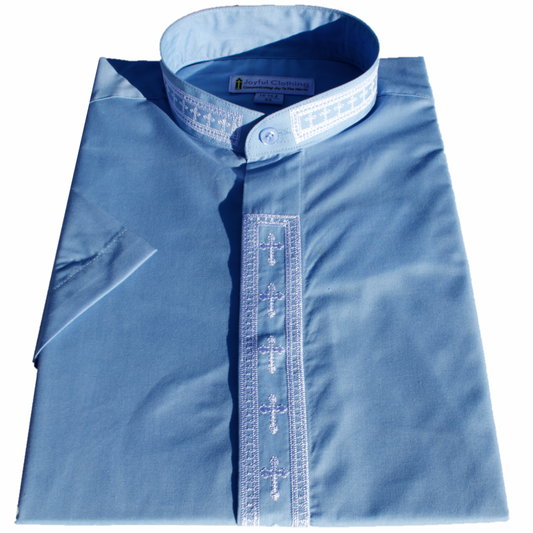 362. Men's Short-Sleeve Clergy Shirt With Fine Embroidery - Light Blue/White