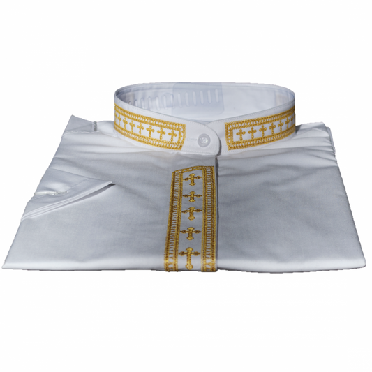 354. Men's Short-Sleeve Clergy Shirt With Fine Embroidery - White/Gold