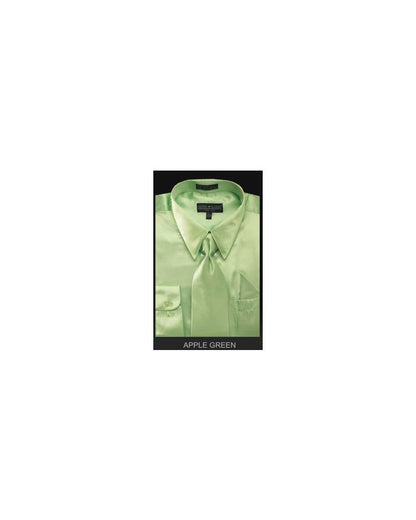green satin dress shirt mens Men's Satin Dress Shirt Regular Fit In Apple Green With Tie Pocket Square 14 32/33 / Apple Green