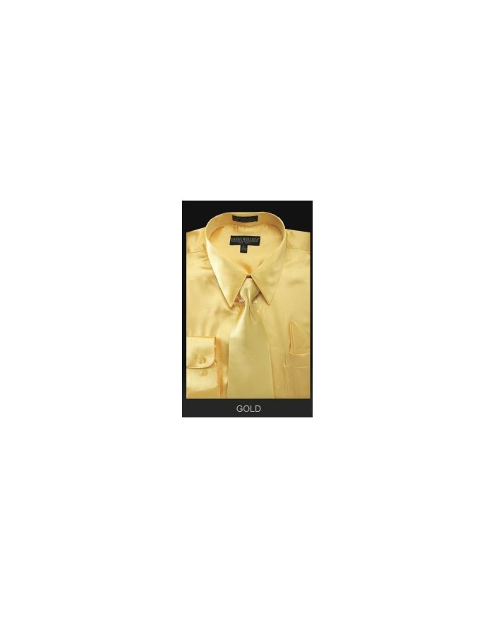 Mens Satin Dress Shirt with Matching Tie & Hanky Gold Mens Satin Dress Shirt with Matching Tie & Hanky Gold
