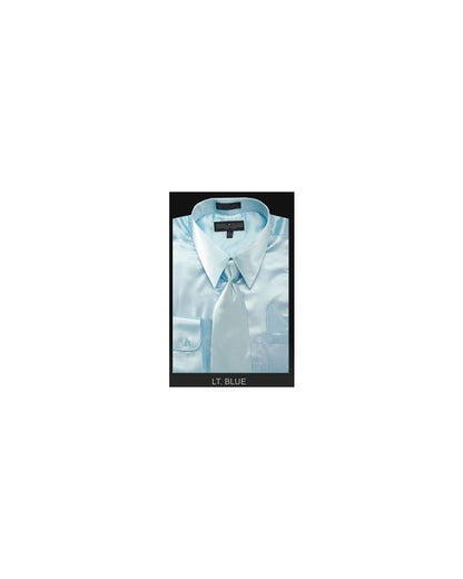 Mens Satin Dress Shirt with Matching Tie & Hanky Light Blue Mens Satin Dress Shirt with Matching Tie & Hanky Light Blue