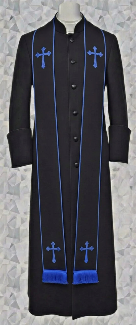 144. W Women's Clergy Robe - Black with Black/Royal Blue Stole
