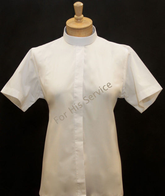 653. Women's Short-Sleeve (Banded) Full-Collar Clergy Shirt - White
