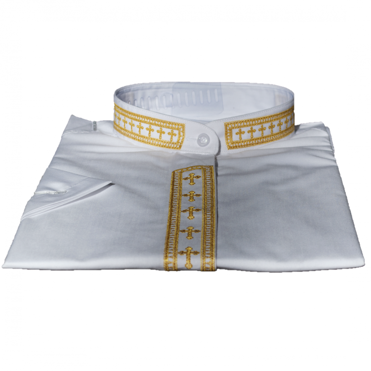 754. Women's Short-Sleeve Clergy Shirt With Fine Embroidery - White/Gold