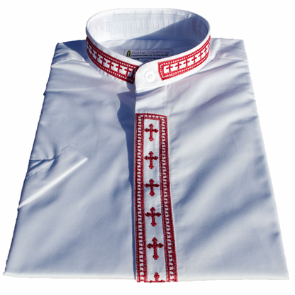 761. Women's Short-Sleeve Clergy Shirt With Fine Embroidery - White/Red