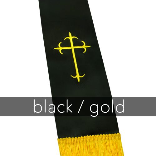 Clergy Stole - Black Satin with Gold Latin Crosses