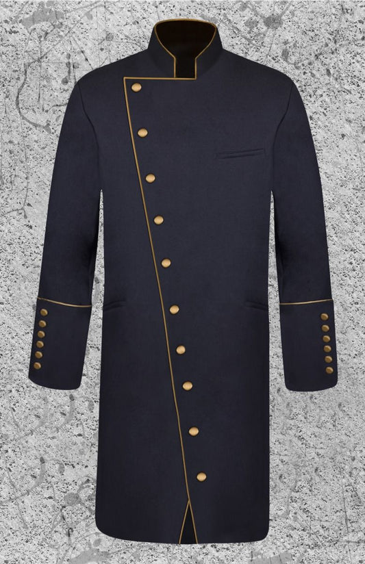 Men's Three-Quarter Double Breast Frock Clergy Jacket - Black with Gold