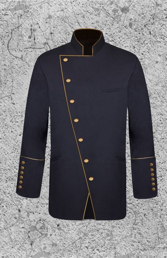 Men's Double Breast Frock Clergy Jacket - Black with Gold