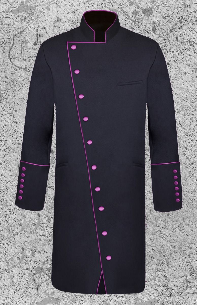 Men's Three-Quarter Double Breast Frock Clergy Jacket - Black with Purple