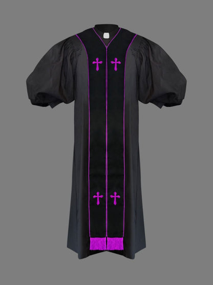 Clergy Pulpit Robe Black with Free Black/Purple Stole