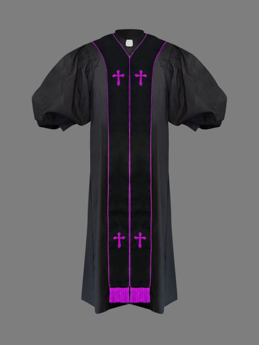Clergy Pulpit Robe Black with Free Black/Purple Stole
