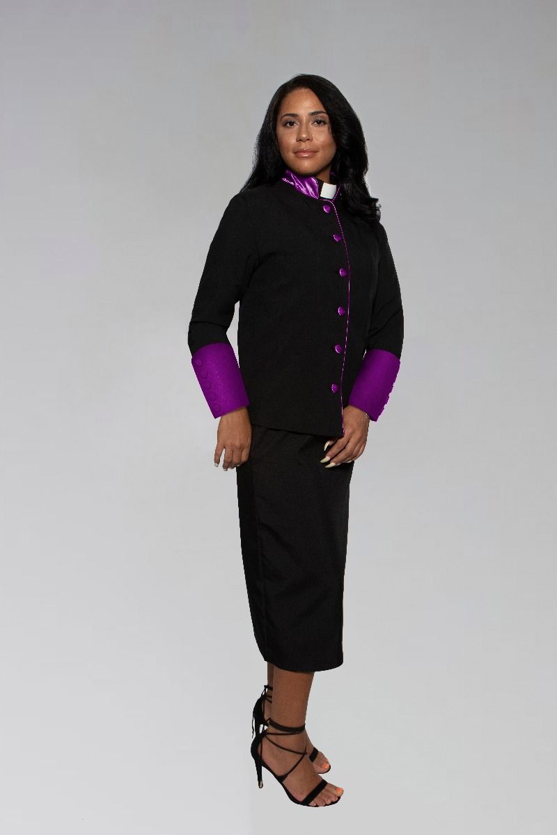 Women's Clergy Suit - Black/Purple Stately Satin Cuffs