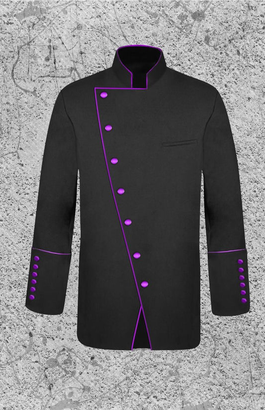 Men's Double Breast Frock Clergy Jacket - Black with Purple