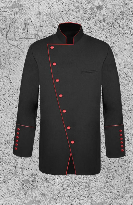 Men's Double Breast Frock Clergy Jacket - Black with Red