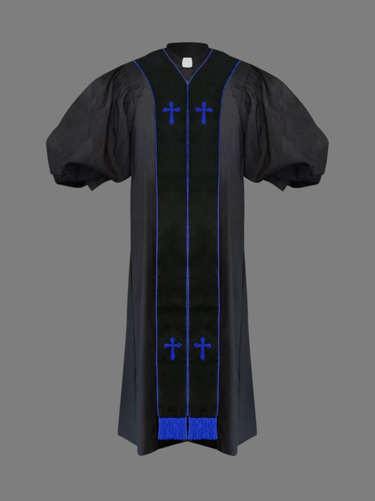 Clergy Pulpit Robe Black with Free Black/Royal Stole