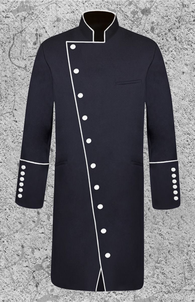 Men's Three-Quarter Double Breast Frock Clergy Jacket - Black with White