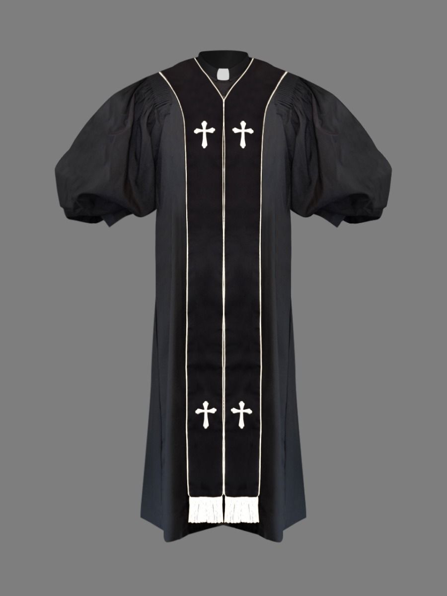 Clergy Pulpit Robe Black with Free Black/White Stole