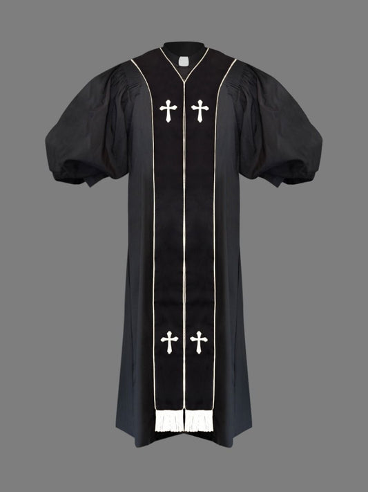 Clergy Pulpit Robe Black with Free Black/White Stole
