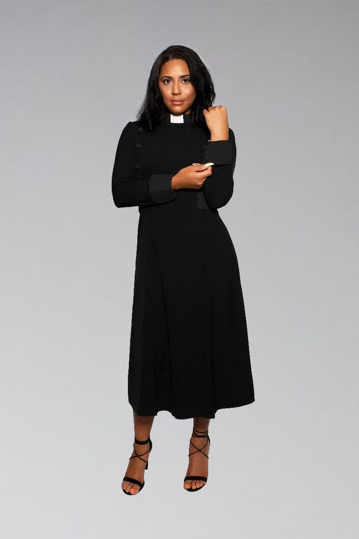 Women's FULL Collar Clergy Dress Black with Black Designer Buttons Full Collar main image 0