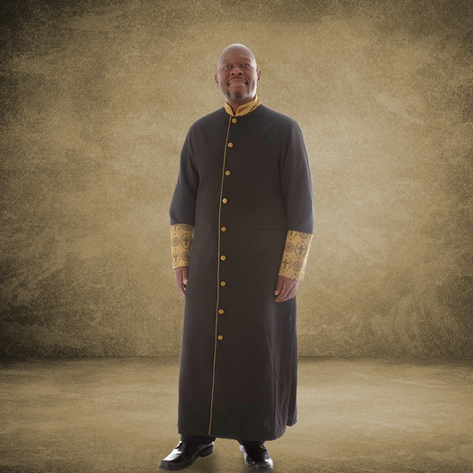 811 M. Men's Premium Pastor/Clergy Robe - Black/Gold with Fancy Pleats