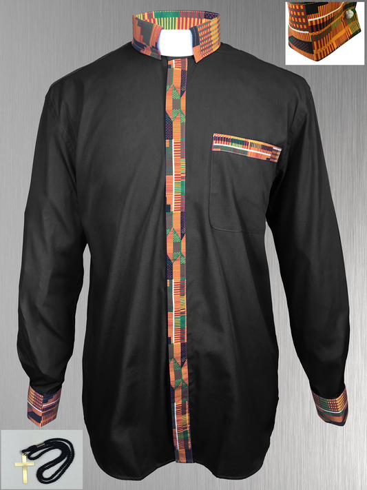 *Featured* Custom Edition Kente Cloth Men’s Tab Collar Clergy Shirt Set - Black
