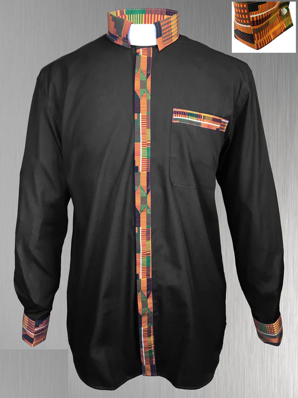 Custom Edition Kente Cloth Men’s Tab Collar Clergy Shirt Set - Black