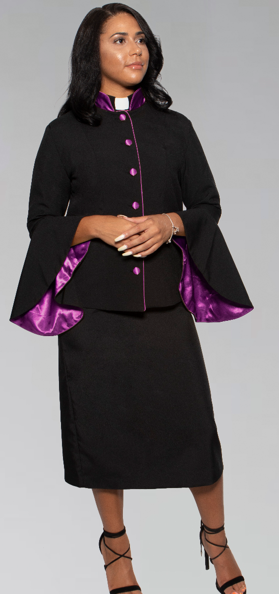 Women's Clergy Suit - Black/Purple Flared Sleeve