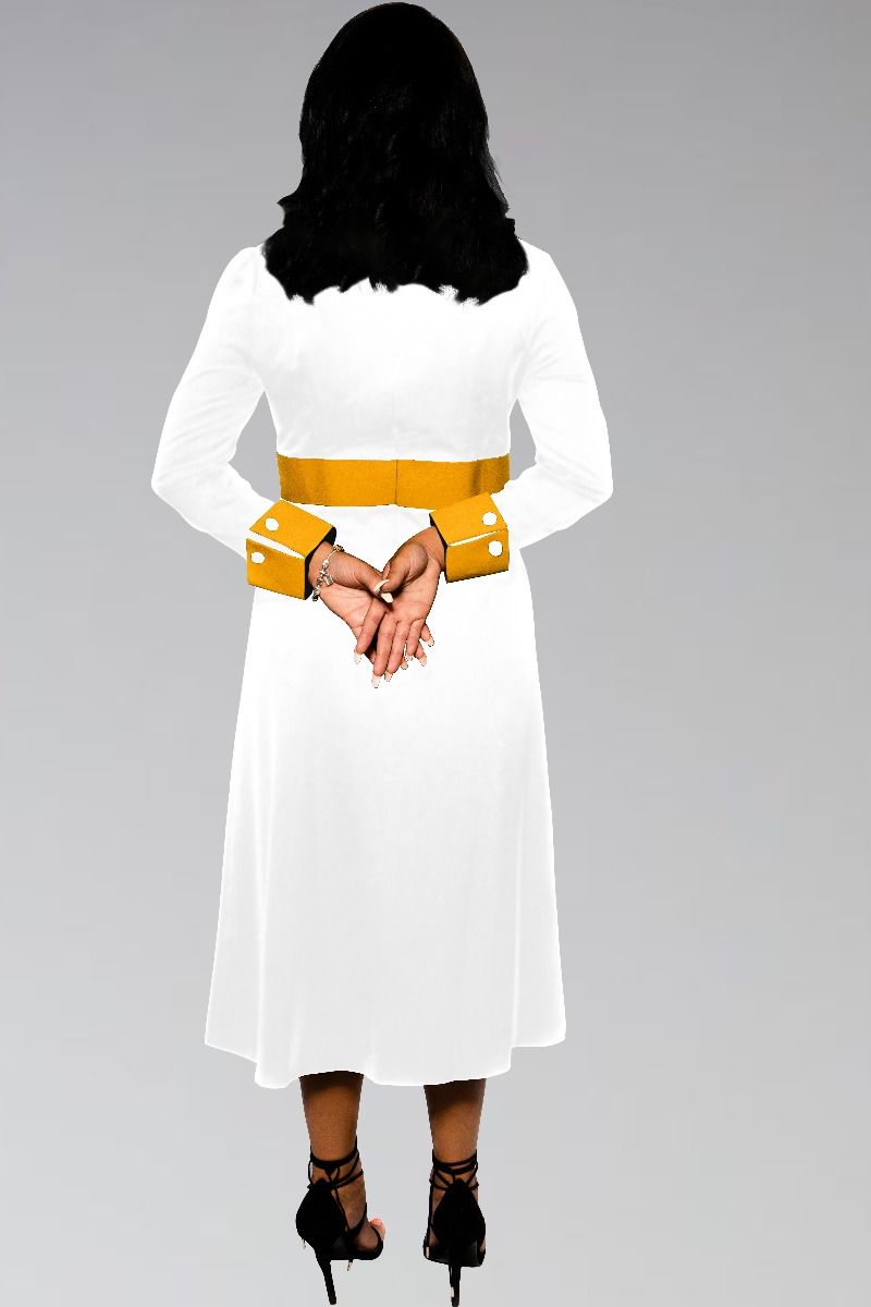 Women's Clergy Dress White with Gold Designer Buttons