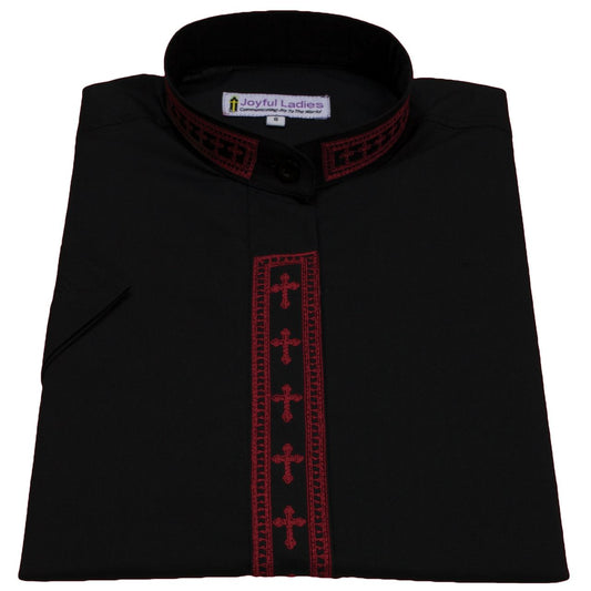 757. Women's Short-Sleeve Clergy Shirt With Fine Embroidery - Black/Red